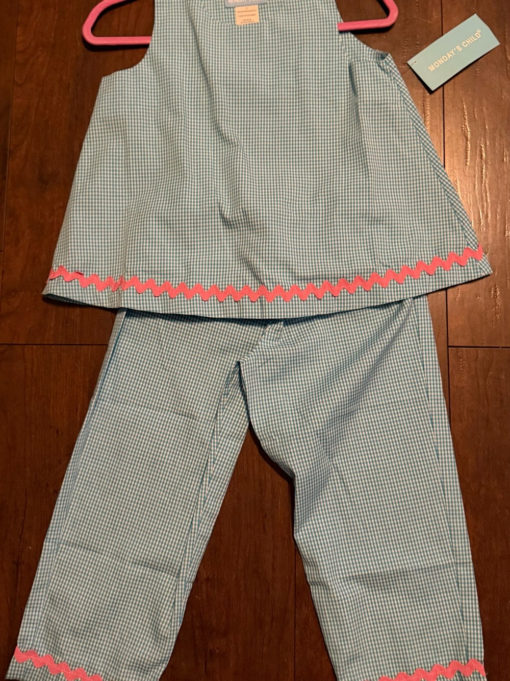 NWT Monday's Child Blue Gingham Top & Pants Set with Pink Rickrack